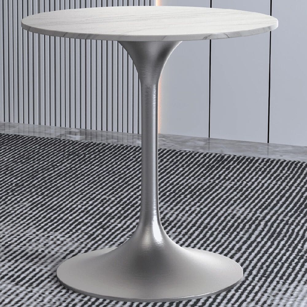 Leisuremod Verve 27&quot; Round Dining Table with Sintered Stone Top in Brushed Chrome and White - Table Only, , large