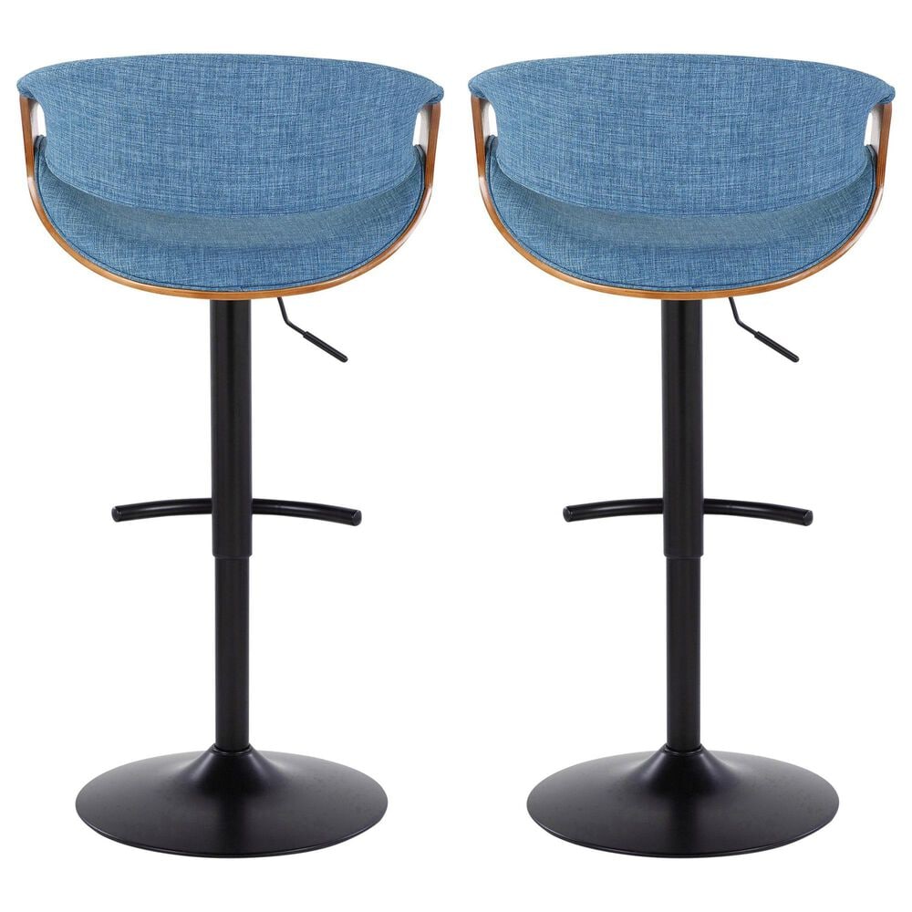 LumiSource Curvo Swivel Adjustable Barstool with Blue Upholstery in Black and Walnut (Set of 2), , large