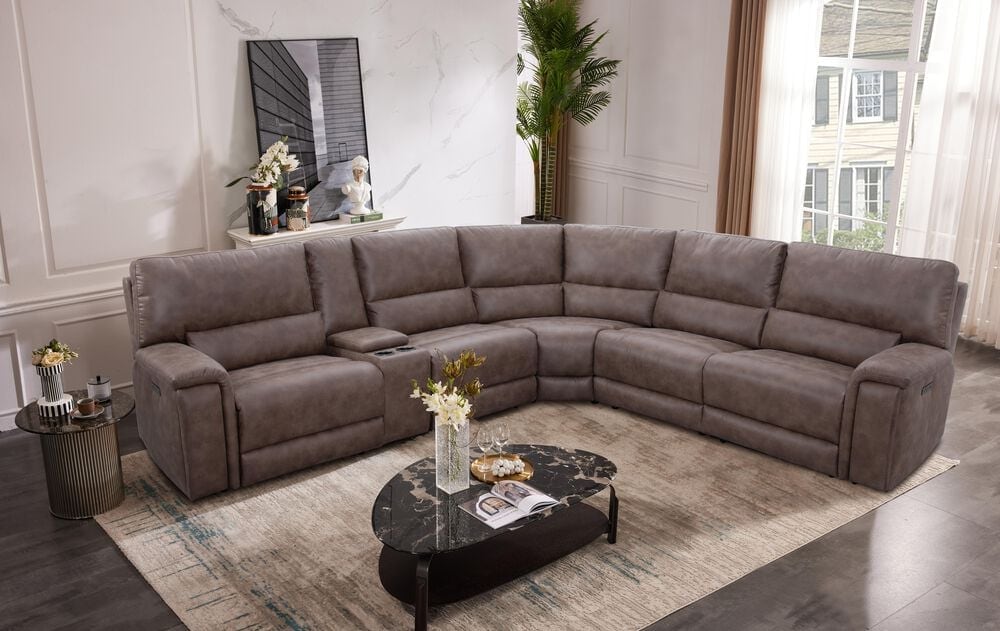 Oxford Furniture 6-Piece Power Reclining Sectional with Power Headrests in Tan, , large