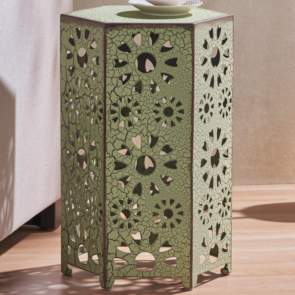 Hearth and Haven Galore 14" Outdoor Hexagon Metal Side Table with Sunburst Cut Out Design in Green, , large