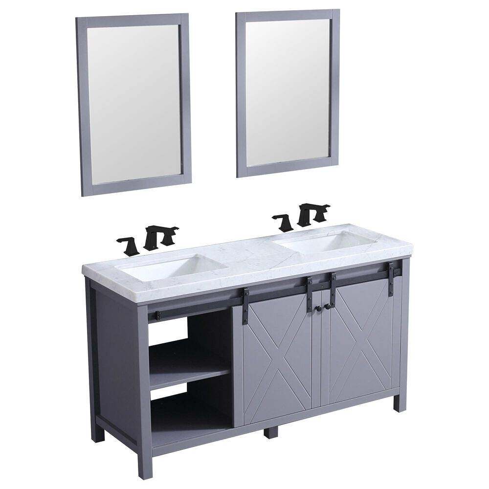 Lexora Home Marsyas 60" Double Bathroom Vanity in Dark Grey with White Carrara Marble Top, Rectangle Sinks, Matte Black Faucets and Mirrors, , large