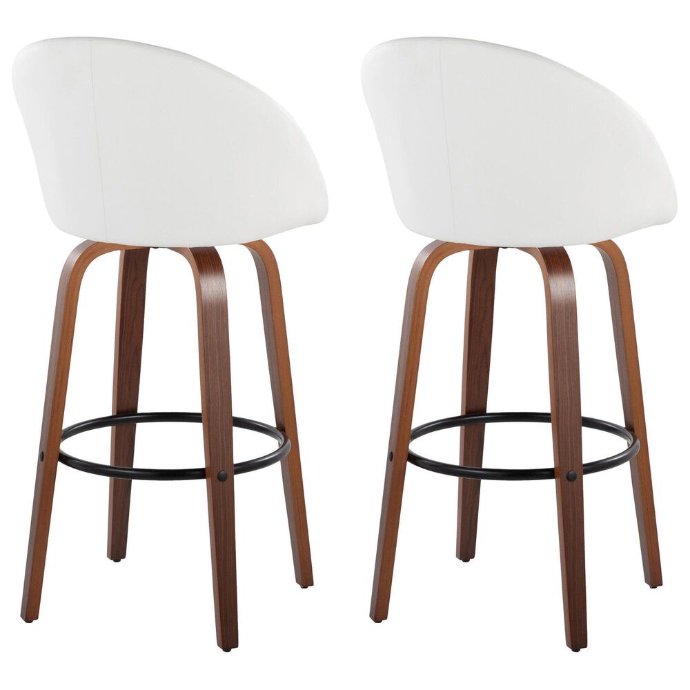 LumiSource Matisse 30" Swivel Barstool with White Faux Leather Upholstery in Walnut and Black (Set of 2), , large