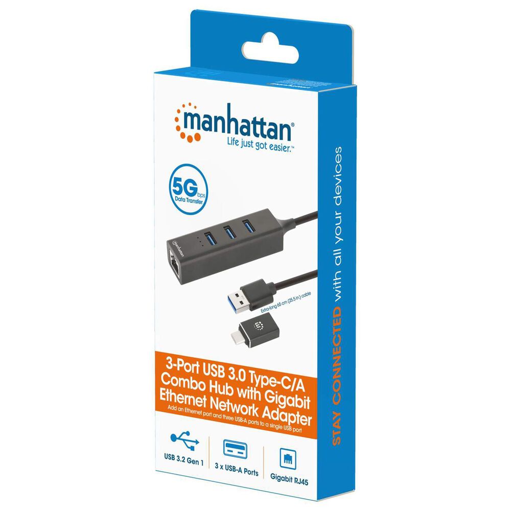 Manhattan 3-Port USB 3.0 Type-C/A Combo Hub with Gigabit Ethernet Network Adapter, , large