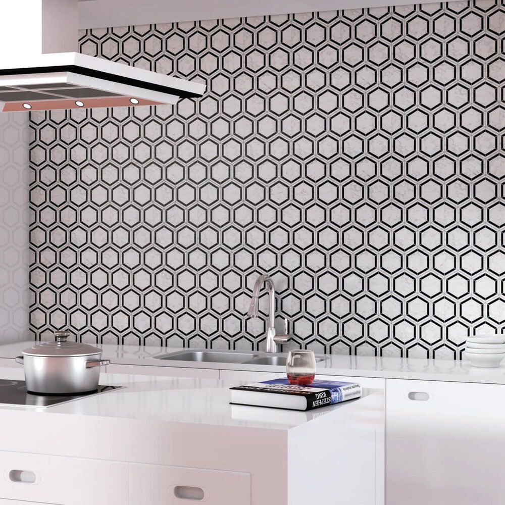 Dal-Tile Black and White Honed 6&quot; x 6&quot; Hexagon Marble Mosaic Sheet, , large