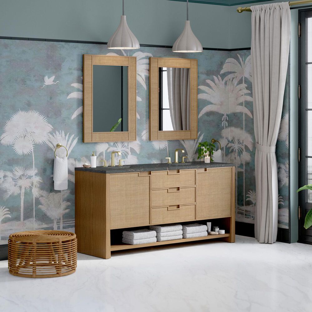 James Martin Vanities Solene 72" Double Bathroom Vanity in Seaside Oak with 3 cm Parisien Bleu Quartz Top, Rectangular Sinks and FreePower Wireless Charger, , large