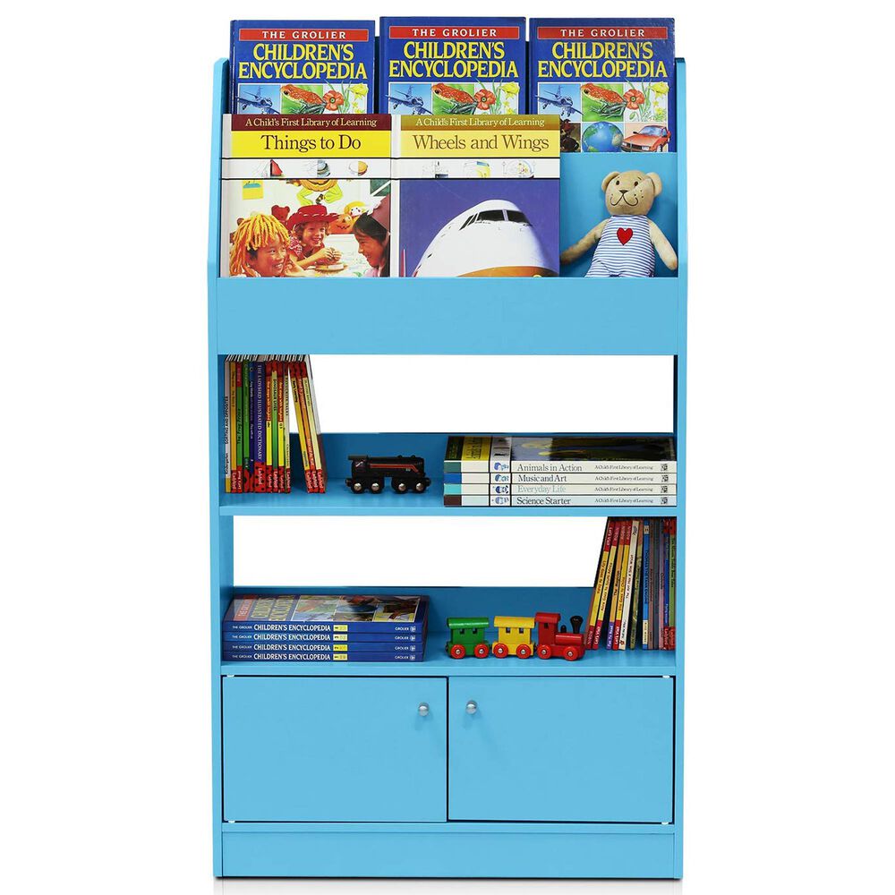 HOMLUX 4-Tier Space Saving Bookshelf with Storage Cabinet and Door in Light Blue, , large