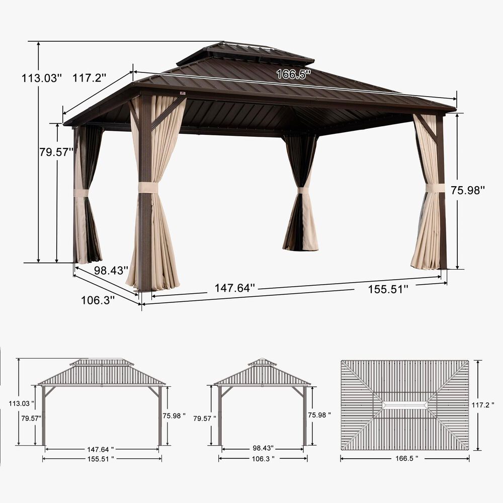 HOMLUX 10' x 14' Outdoor Hardtop Gazebo with Galvanized Steel Double Roof in Brown, , large