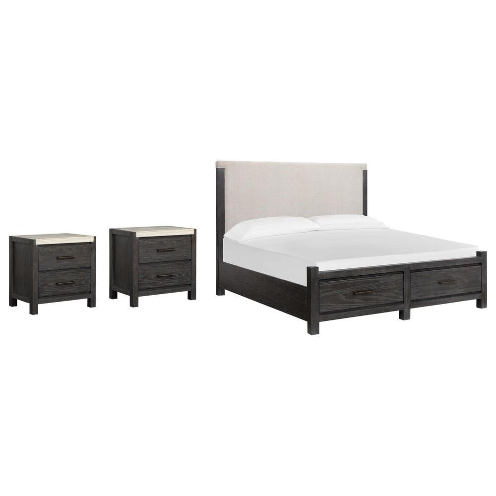Nicolette Home Plum Creek King Upholstered Storage Bed with Two Nightstands in Ravenwood Black, , large