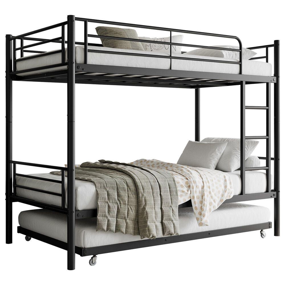 Hearth and Haven Twin Metal Bunk Bed with Trundle Ladder and Full-Length Guardrail in Black, , large