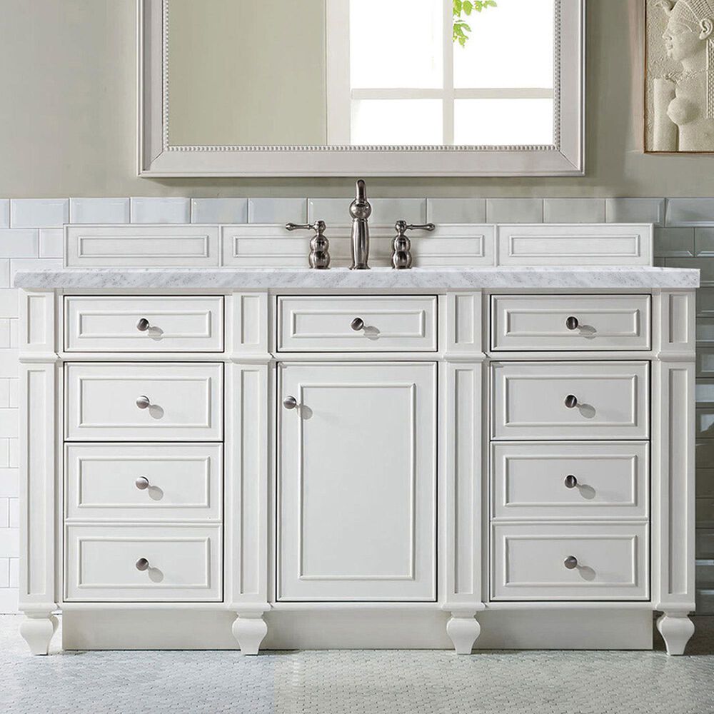 James Martin Vanities Bristol 60&quot; Single Bathroom Vanity in Bright White with 3 cm Carrara White Marble Top and Rectangular Sink, , large