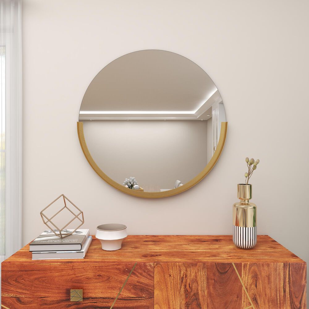 Maple and Jade 30&quot; Round Wall Mirror in Matte Gold, , large