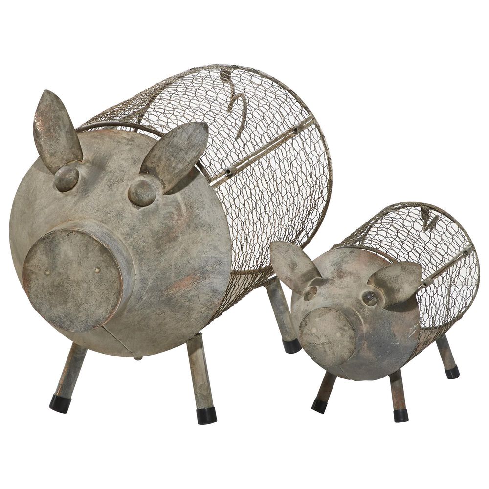 Maple and Jade Farmhouse Metal Pig Planter in Brown Set of 2, , large