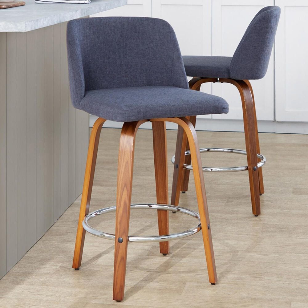 LumiSource Toriano Swivel Counter Stool with Blue Fabric Upholstery in Walnut and Chrome (Set of 2), , large