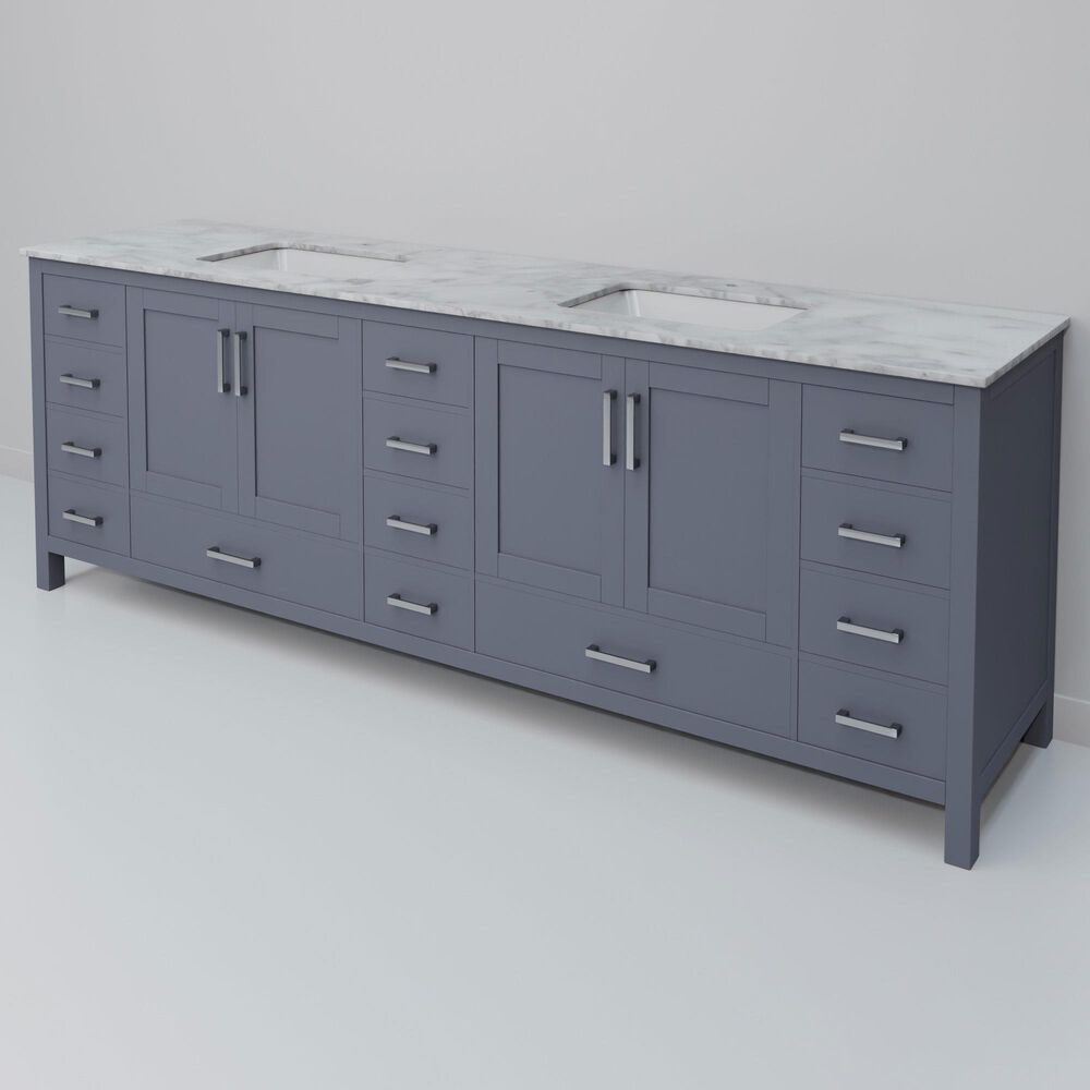 Lexora Home Jacques 84" Double Bathroom Vanity in Dark Grey with 2 cm White Carrara Marble Top and Rectangular Sinks, , large