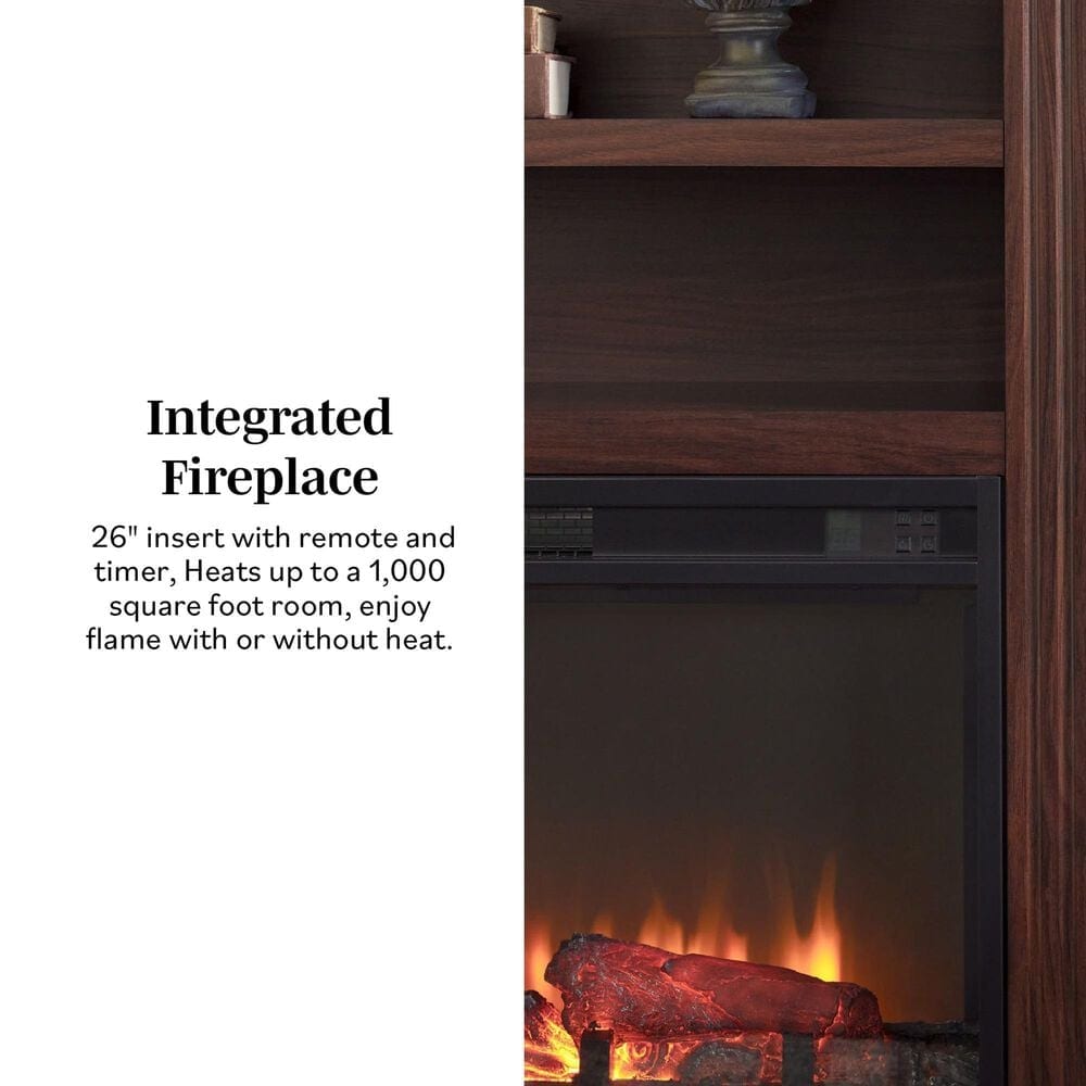 Walker Edison Cullen 70&quot; Electric Fireplace with Mantel and Shelves in Brown, , large