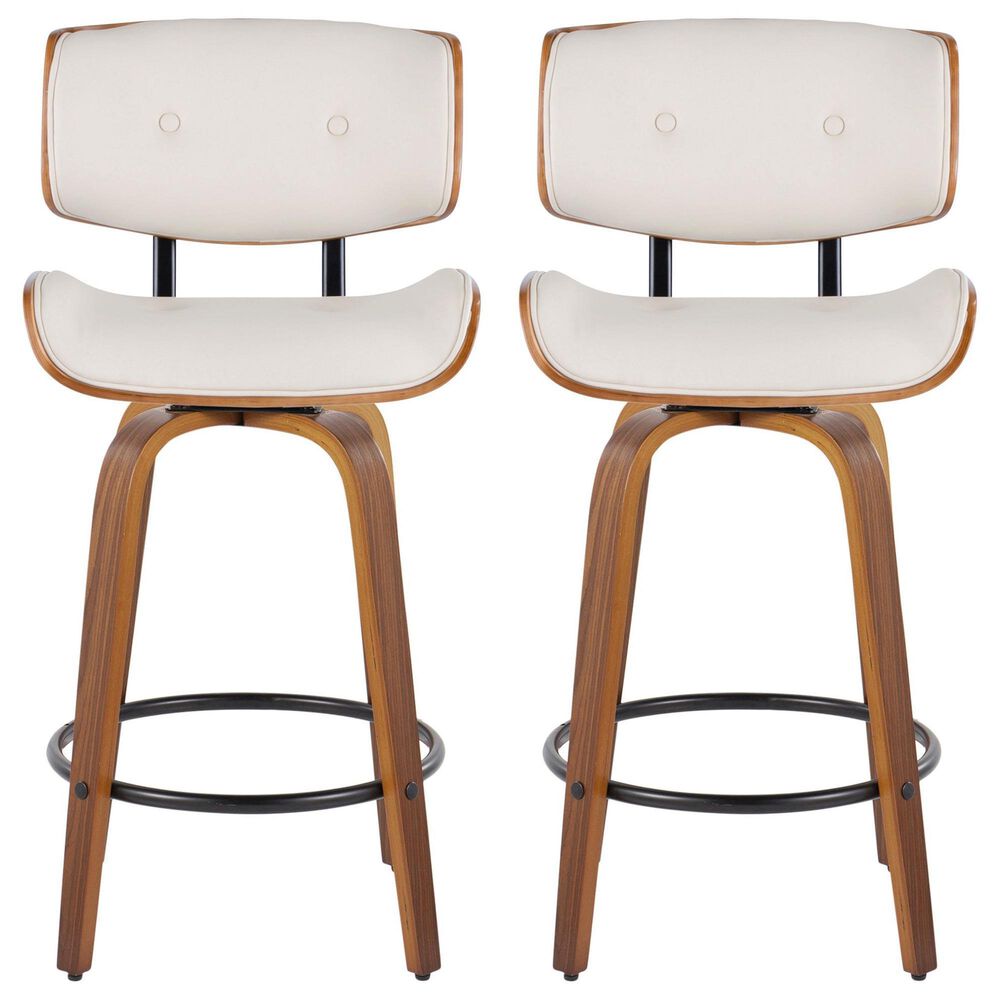 LumiSource Lombardi 26" Swivel Counter Stool with Cream Faux Leather Upholstery in Walnut and Black (Set of 2), , large