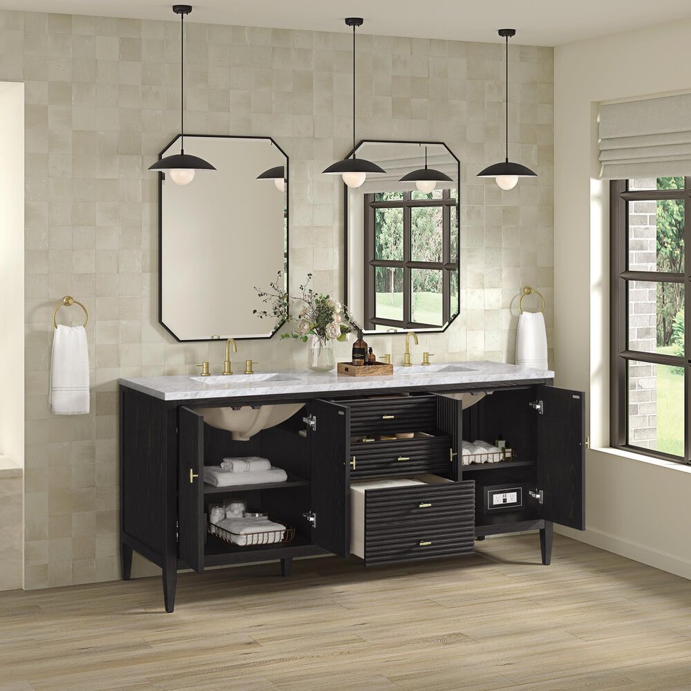 James Martin Vanities Myrrin 72&quot; Double Vanity in Carbon Oak with 3 cm Carrara White Marble Top, , large