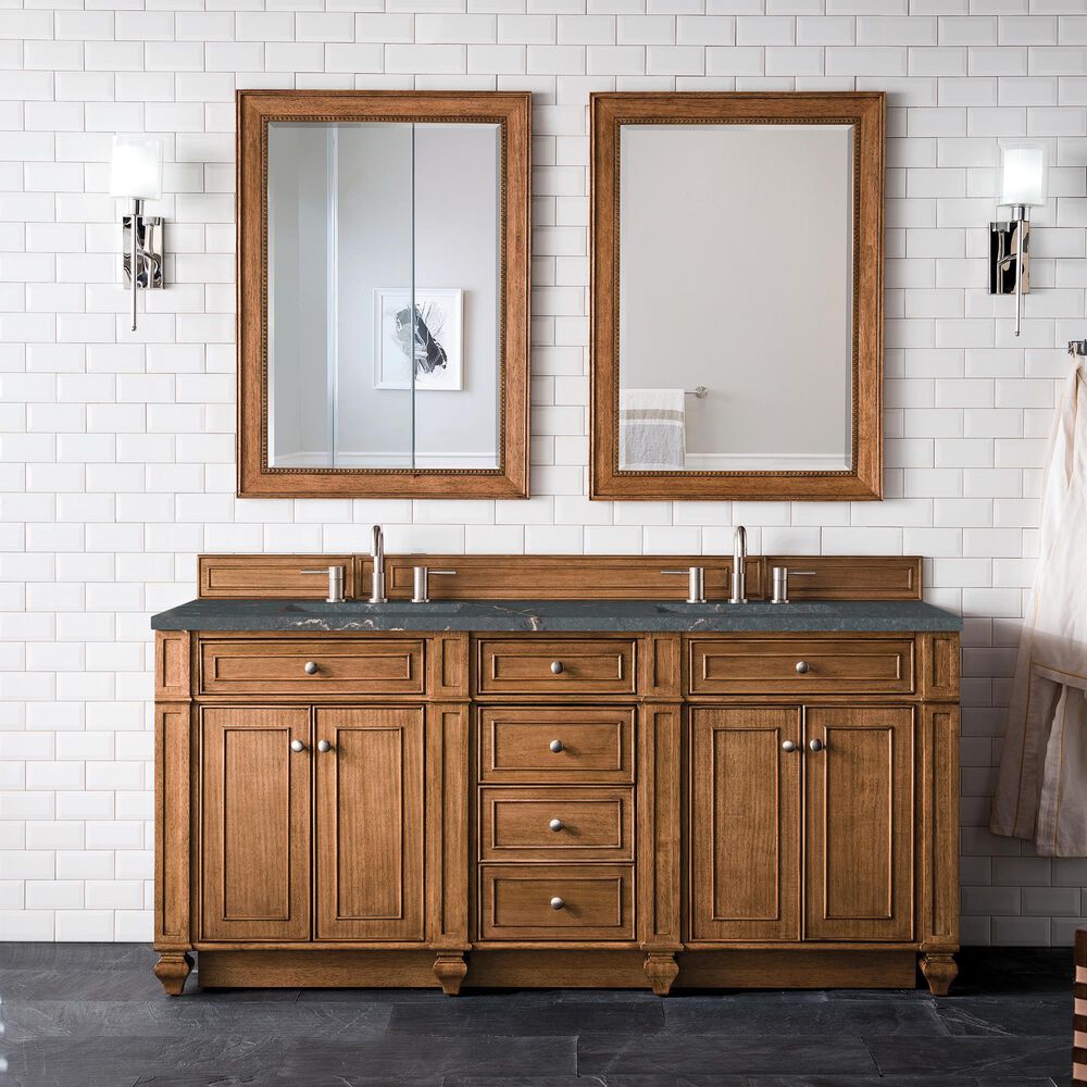 James Martin Vanities Bristol 72&quot; Double Bathroom Vanity in Saddle Brown with 3 cm Parisien Bleu Quartz Top and Rectangular Sinks, , large