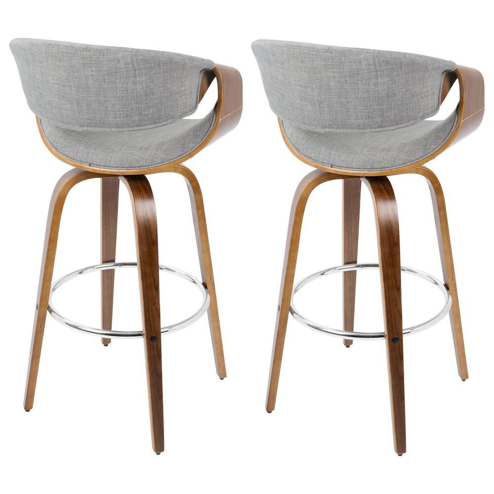 LumiSource Curvini 30" Swivel Barstool with Grey Upholstery in Walnut and Chrome (Set of 2), , large