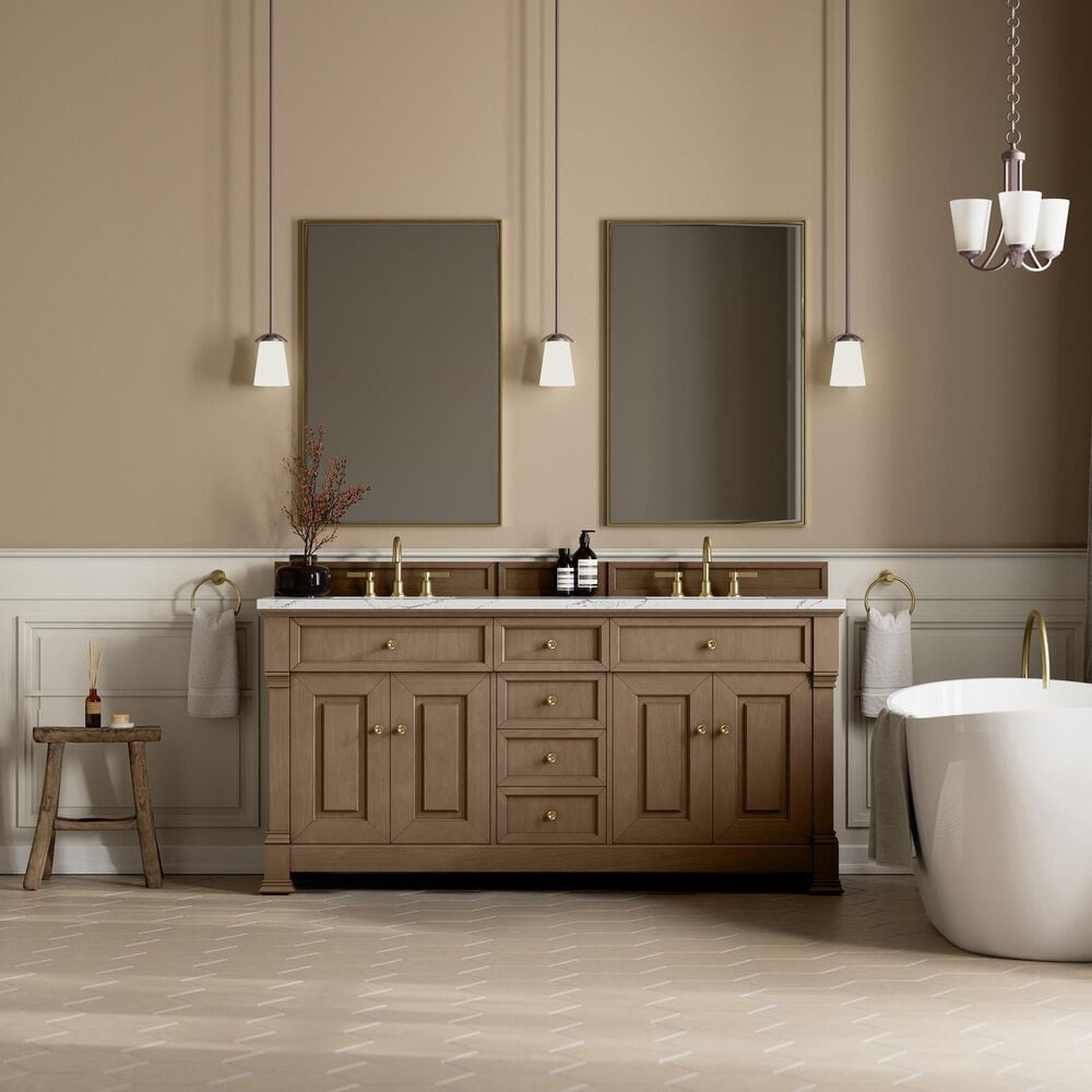 James Martin Vanities Brookfield 72&quot; Double Bathroom Vanity in Pecan with 3cm Ethereal Noctis Quartz Top and Rectangular Sinks, , large