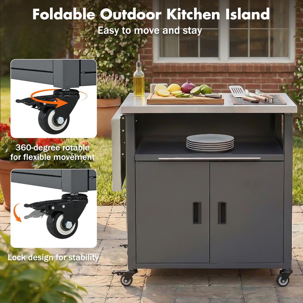 Hearth and Haven Outdoor Kitchen Island Cart with Dual Expandable Stainless Steel Tabletops in Gray, , large