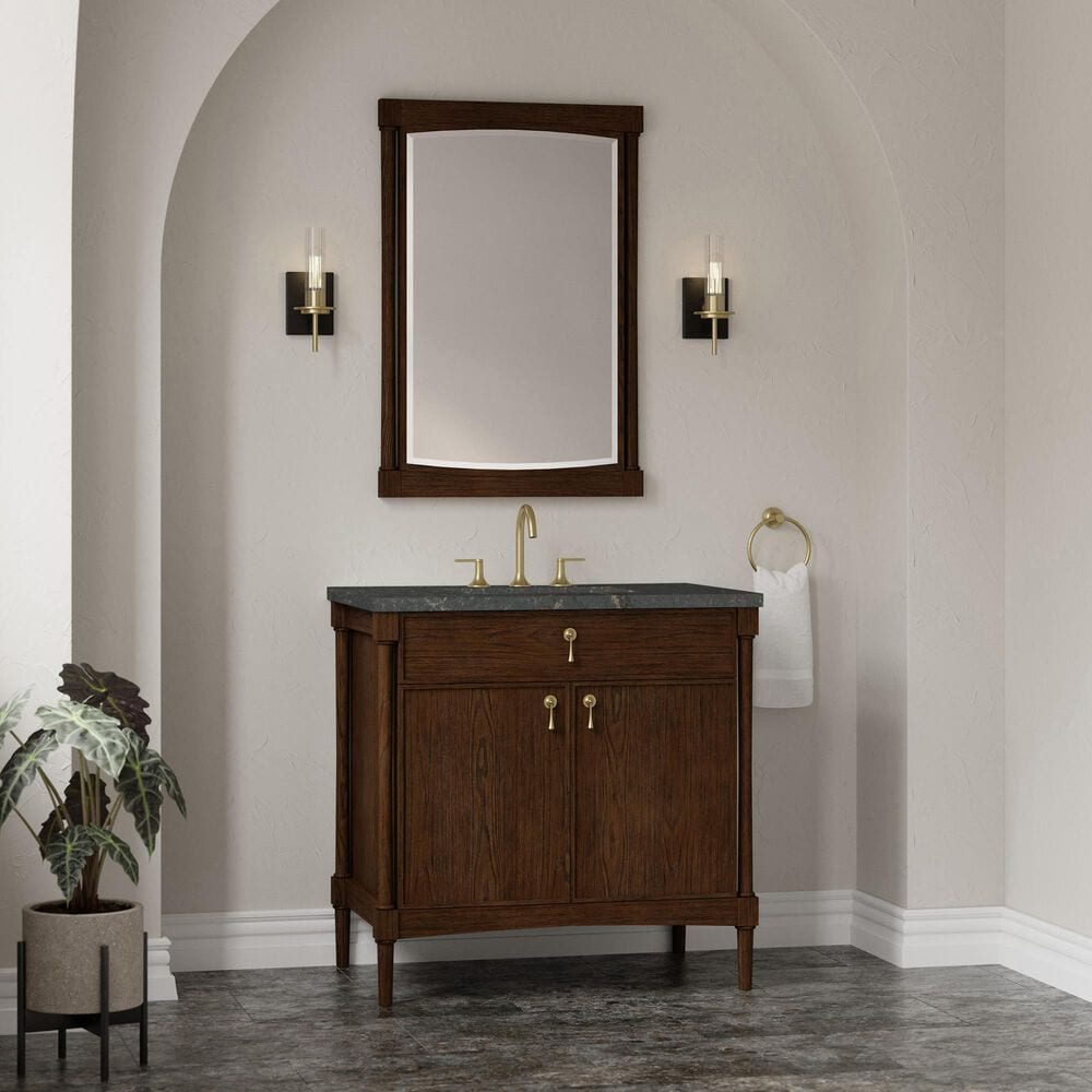 James Martin Kinnsden 36" Single Bathroom Vanity in Sable Oak with 3 cm Parisien Bleu Silestone Top and Rectangular Sink, , large