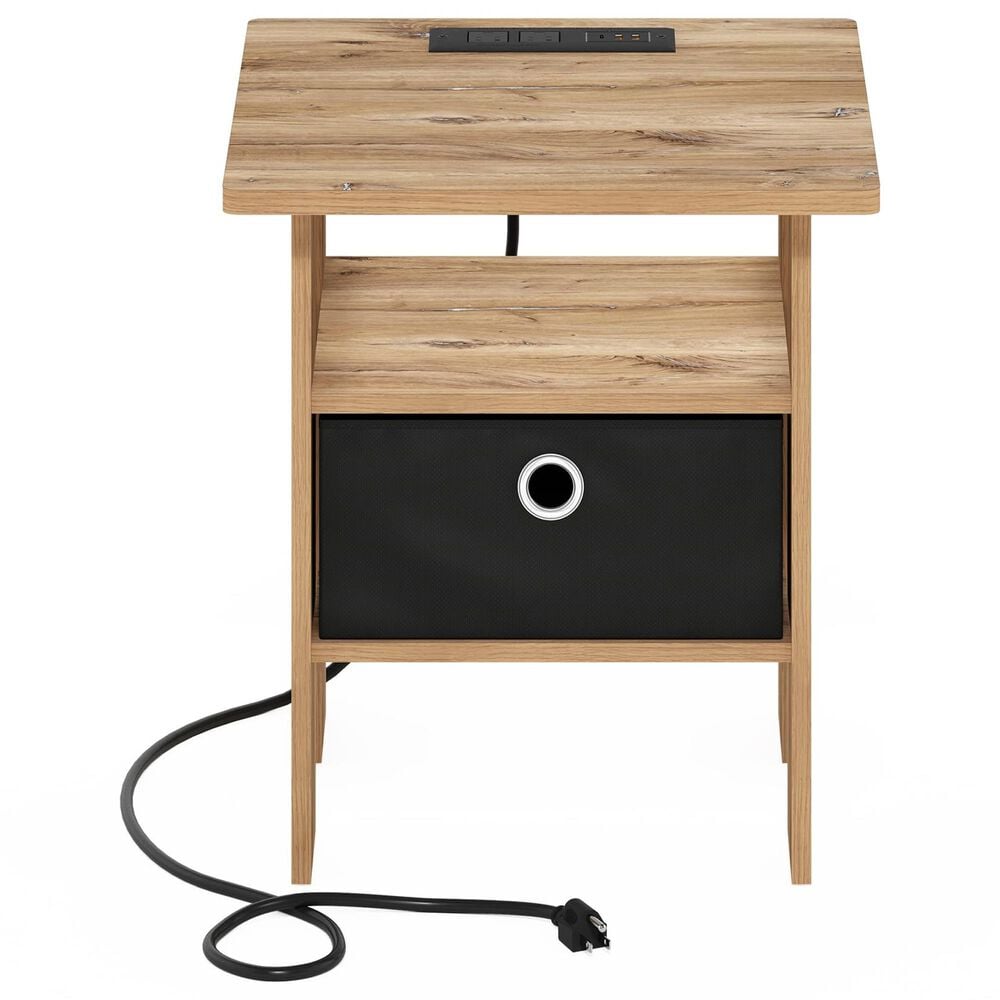 HOMLUX USB and Type-C Port Charging Station End Table with Black Storage Bin in Flagstaff Oak, , large