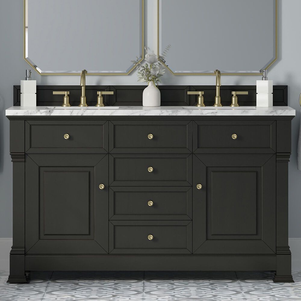 James Martin Vanities Brookfield 60&quot; Double Bathroom Vanity in Black Onyx with 3 cm Carrara White Marble Top and Rectangular Sinks, , large