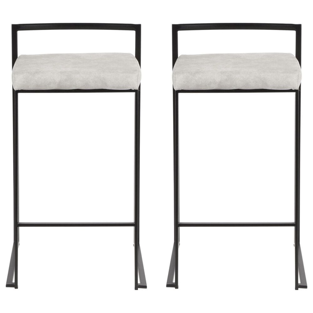 LumiSource Fuji 26" Stacker Counter Stool with Light Grey Cowboy Upholstery in Black (Set of 2), , large