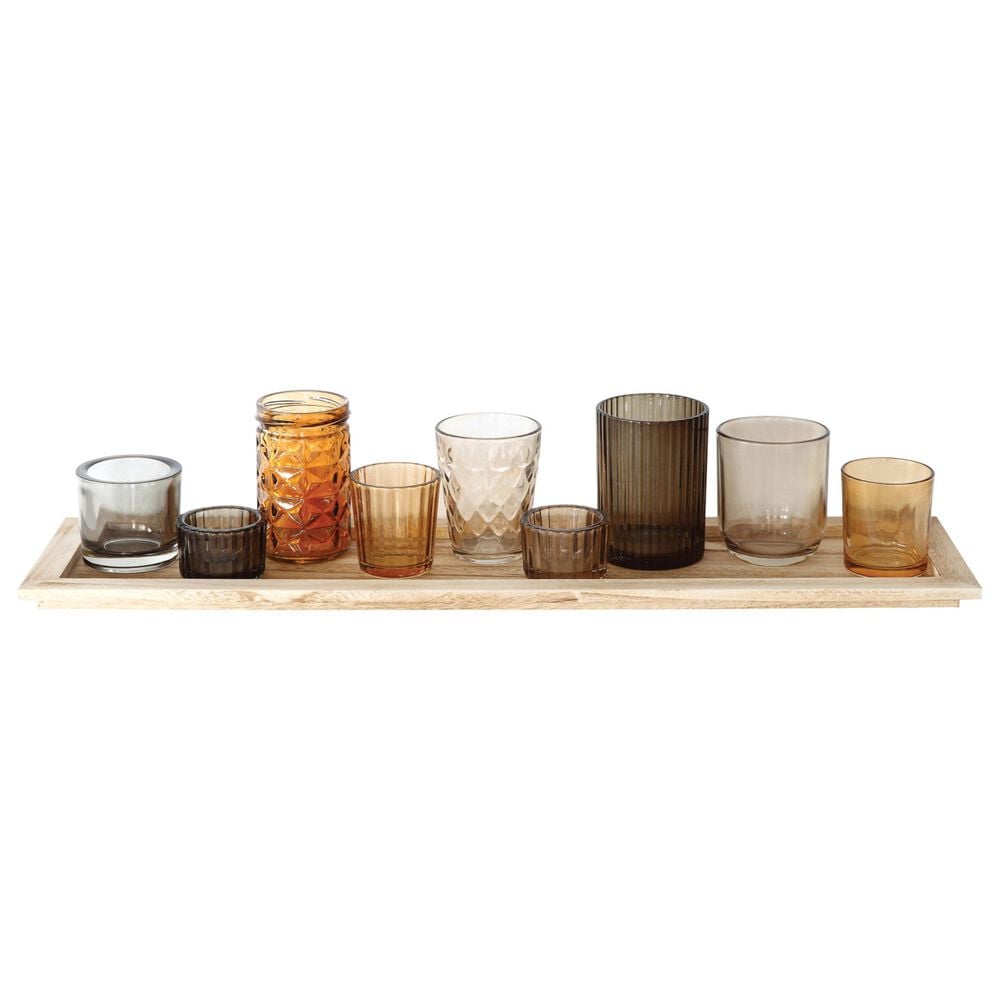 Creative Coop 10-Piece Wood Tray with 9 Glass Votive Holder Set in Brown, , large