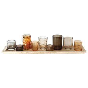 Creative Coop 10-Piece Wood Tray with 9 Glass Votive Holder Set in Brown, , large