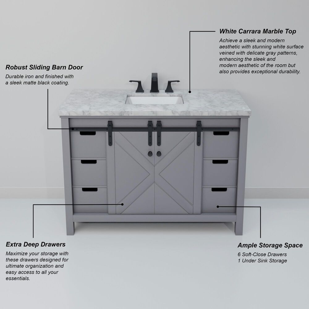 Lexora Home Marsyas 48" Single Bathroom Vanity in Dark Grey with White Carrara Marble Top and Rectangular Sink, , large