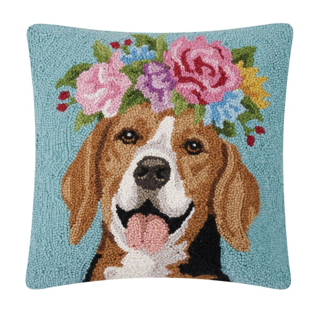 Peking Handicraft Floral Beaglee 18" x 18" Throw Pillow in Brown and Blue, , large