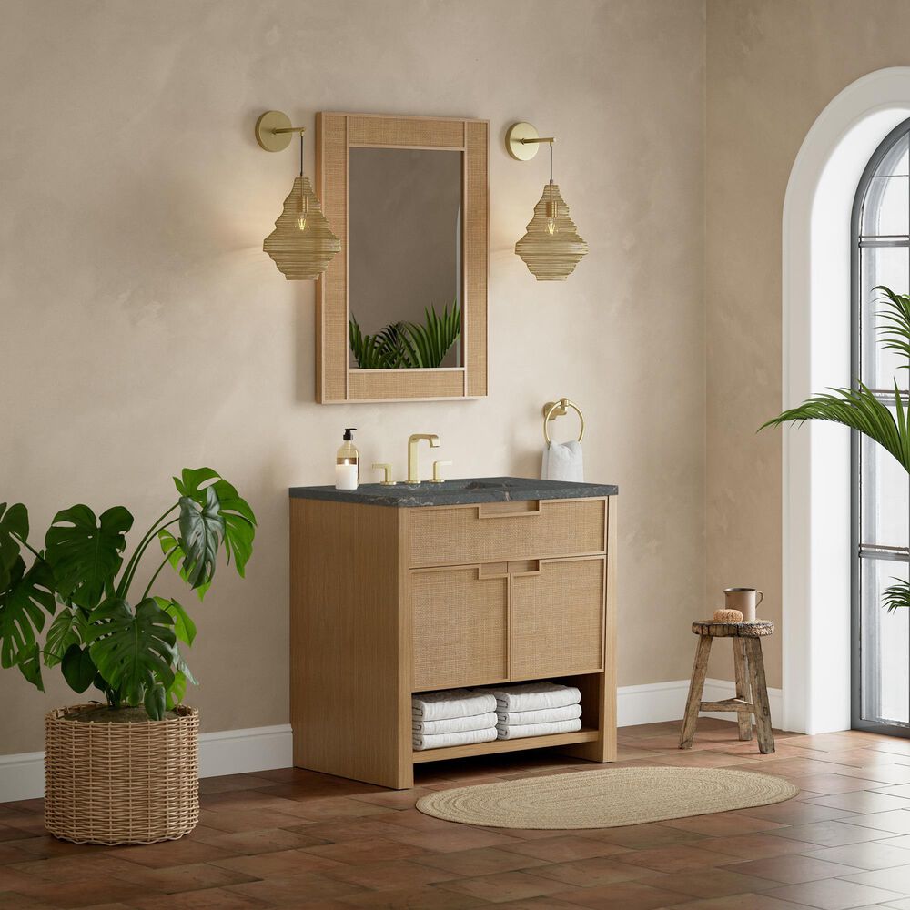 James Martin Vanities Solene 36&quot; Single Bathroom Vanity in Seaside Oak with 3 cm Parisien Bleu Quartz Top and Rectangular Sink, , large