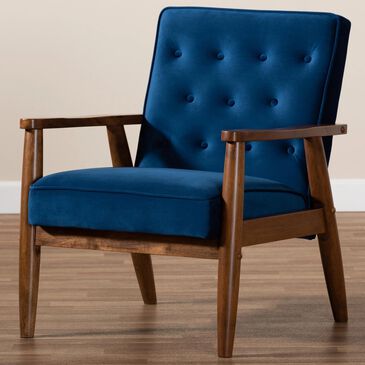 Baxton Studio Sorrento Lounge Chair in Navy Blue/Brown, , large