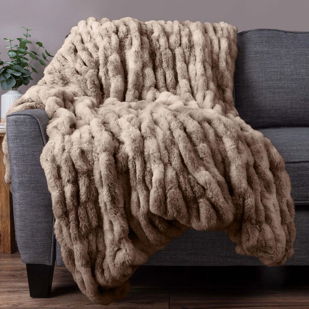 Timberlake 60" x 80" Ruched Faux Fur Throw Blanket in Taupe, , large