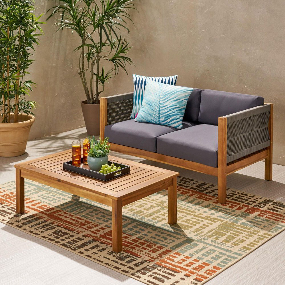 Hearth and Haven Laurel 2-Piece Patio Conversation Set with Gray Cushion in Teak, , large