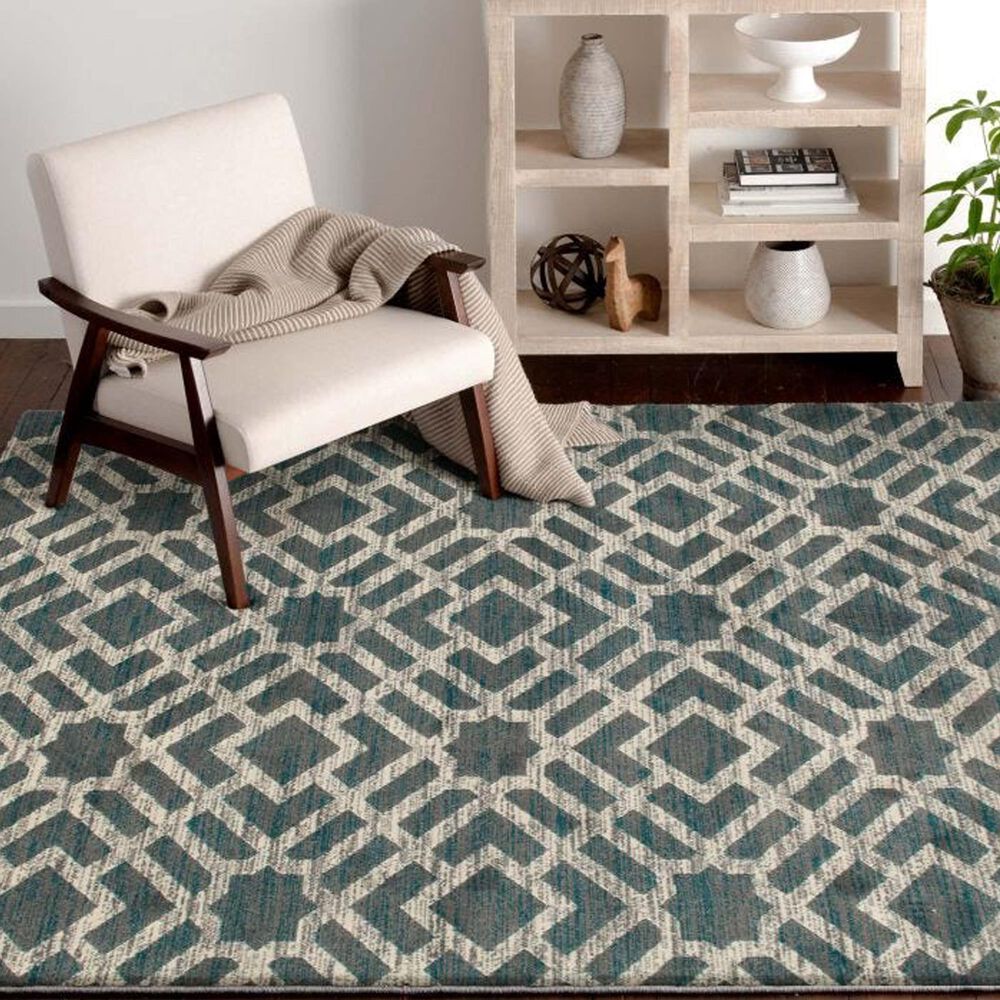 Central Oriental Terrace Tropic Newell 5&#39; x 7&#39; Stone and Turquoise Area Rug, , large
