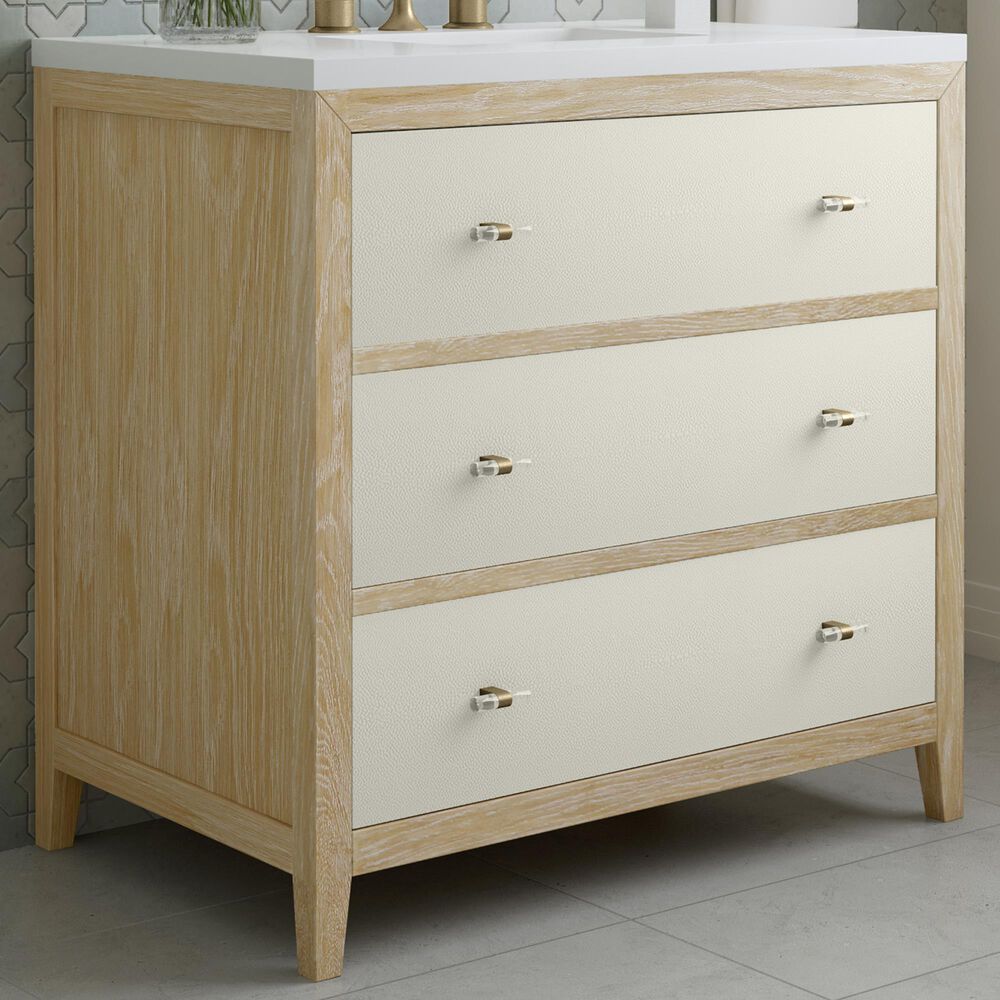 James Martin Vanities Celeste 36&quot; Single Vanity in Sun-washed Oak with Embossed Shagreen and 3 cm White Zeus Quartz Top, , large