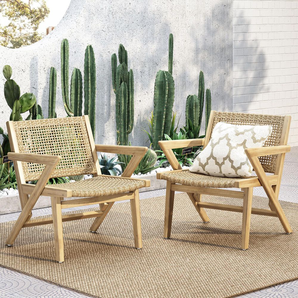 Hearth and Haven Braxton Outdoor Wicker Club Chair with Angular Arms in Light Brown (Set of 2), , large