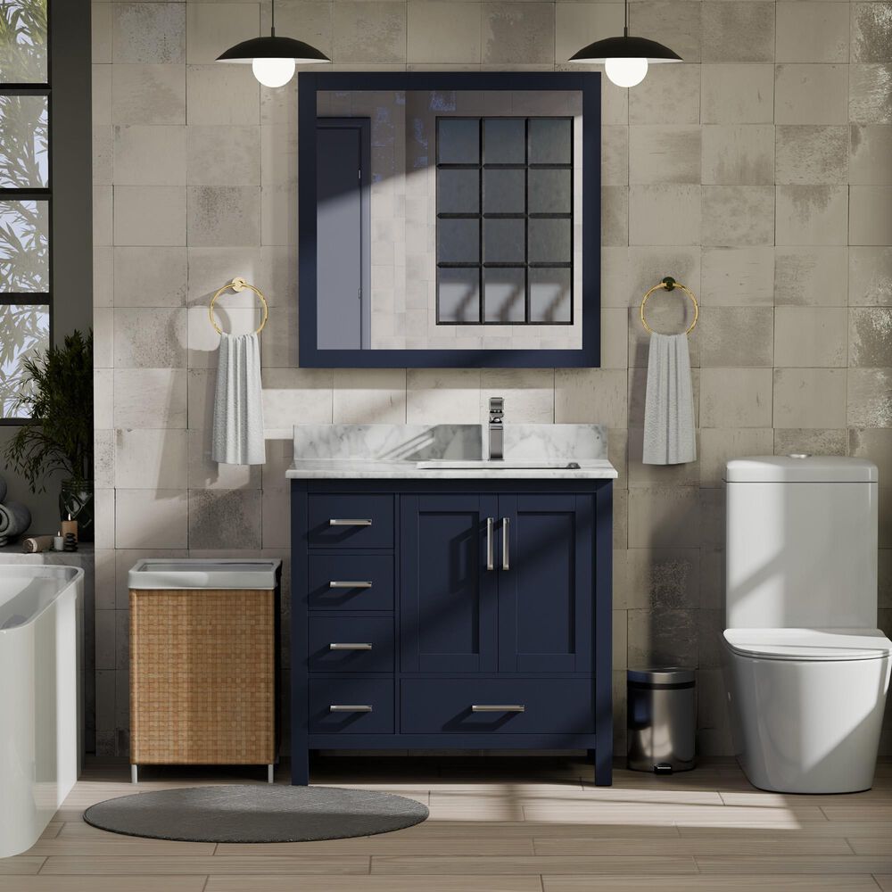 Lexora Home Jacques 36&quot; Right Offset Single Bathroom Vanity in Navy Blue with 2 cm White Carrara Marble Top and Rectangular Sink, , large