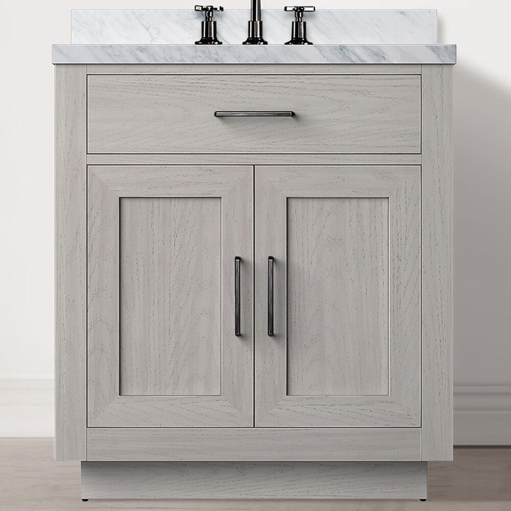 Lexora Home Abbey 30&quot; Single Bathroom Vanity in White Oak with 2 cm White Carrara Marble Top and Rectangular Sink, , large