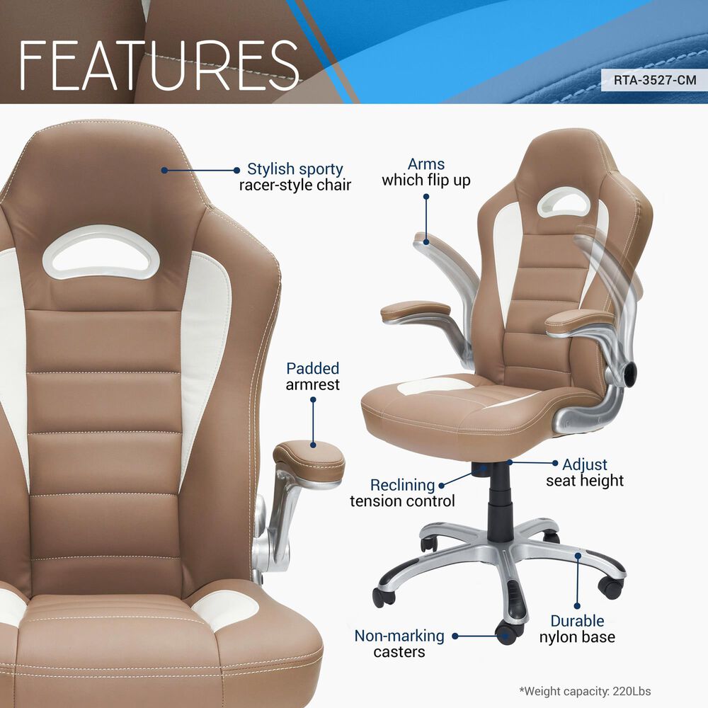 Rta Products Llc High Back Executive Sport Race Office Chair with Flip-Up Arms in Camel, , large