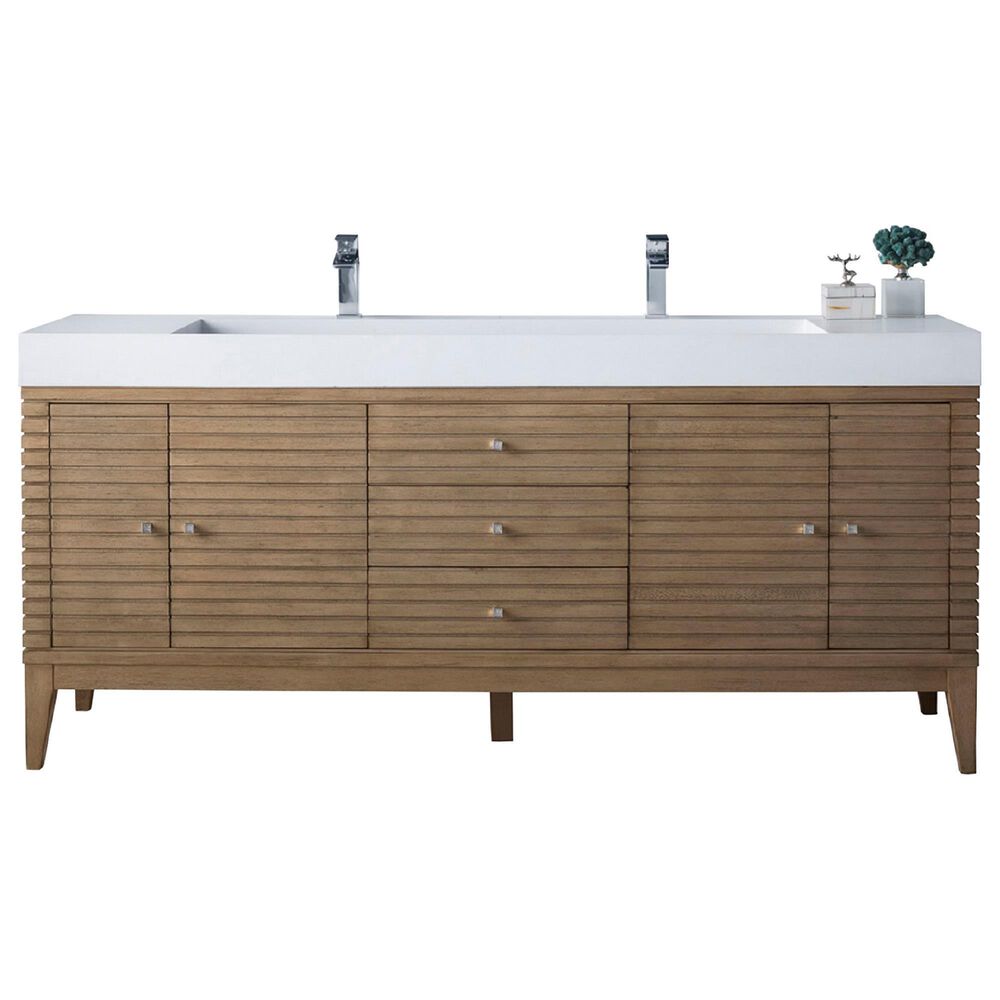 James Martin Vanities Linear 72" Double Bathroom Vanity in Whitewashed Walnut with 10 cm Glossy White Solid Surface Top and Rectangular Sinks, , large