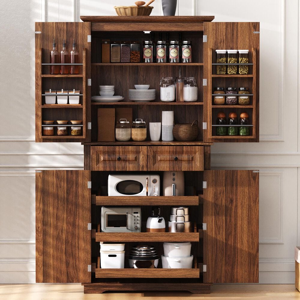 HOMLUX 71" Tall Kitchen Pantry Cabinet with 3 Pull Out Cabinet Organizers in Brown, , large