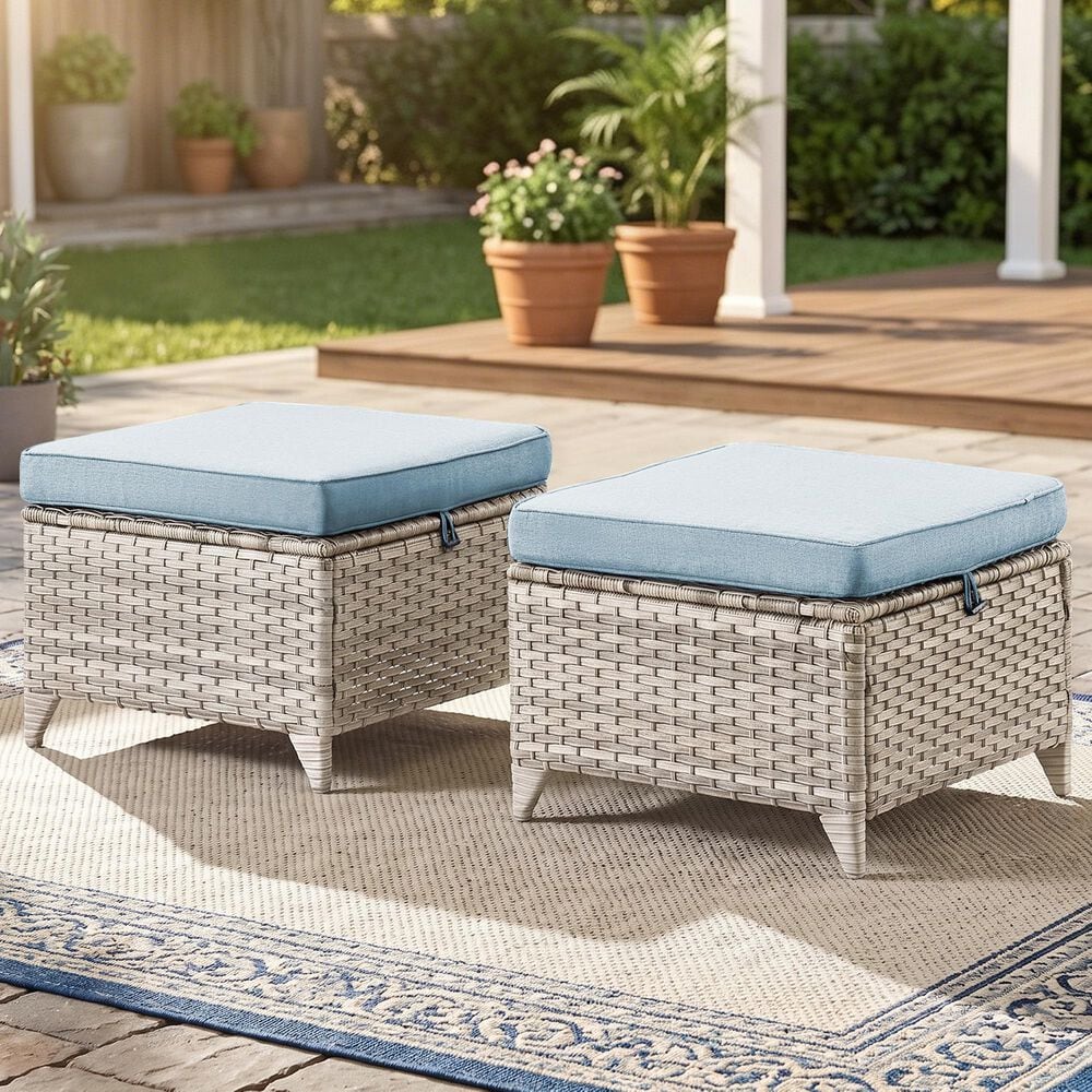 Sunwell Garden Outdoor Ottoman with Grayish White Rattan in Baby Blue (Set of 2), , large
