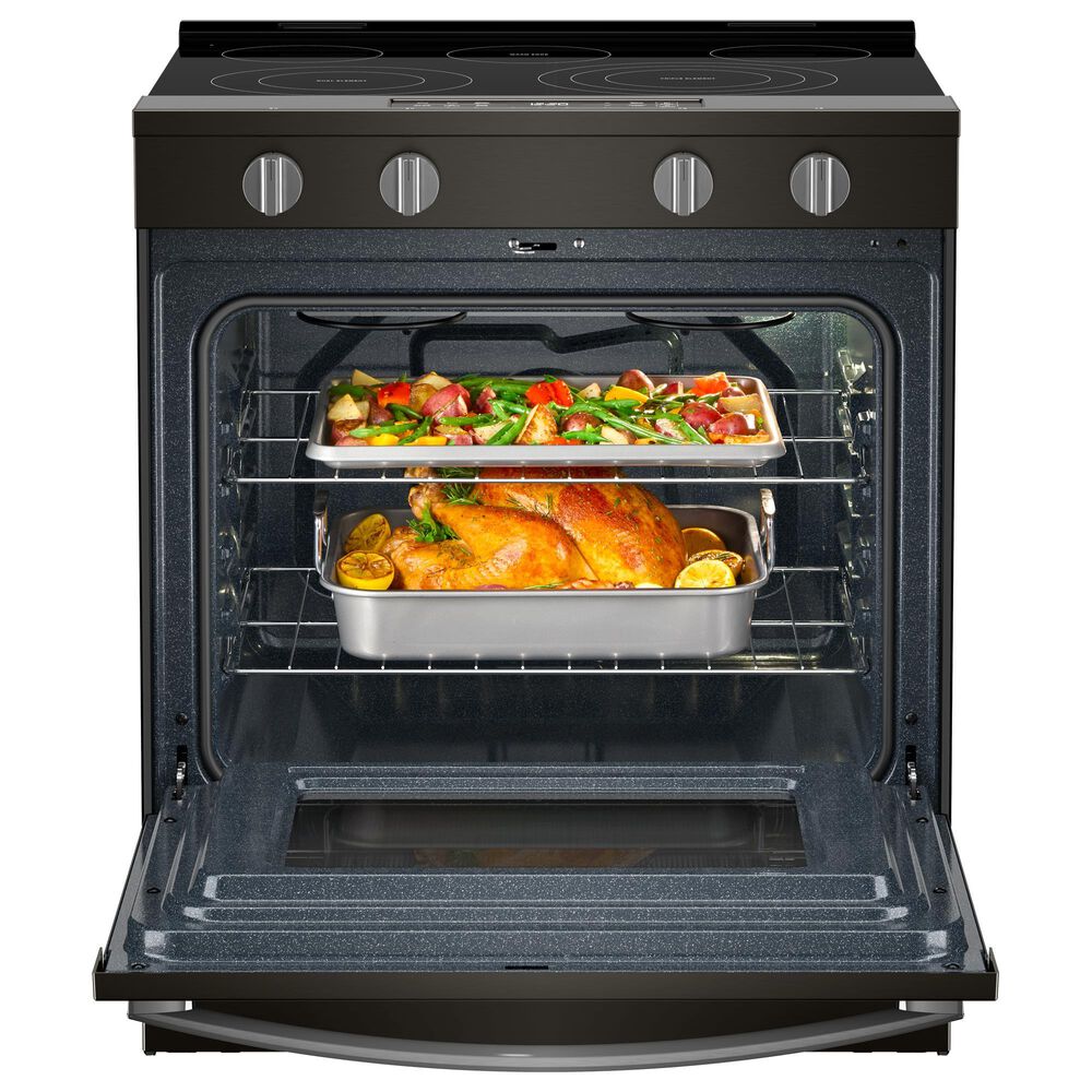 Whirlpool 2-Piece Kitchen Package with Black Stainless 5 Cu. Ft. Smart Electric Range and Fingerprint Resistant Stainless Steel 1.1 Cu. Ft. Flush Mount Microwave, , large