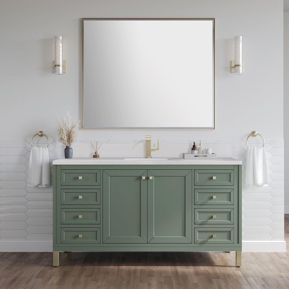 James Martin Vanities Chicago 60&quot; Single Bathroom Vanity in Smokey Celadon with Single Hole 3 cm White Zeus Quartz Top and Rectangular Sink, , large