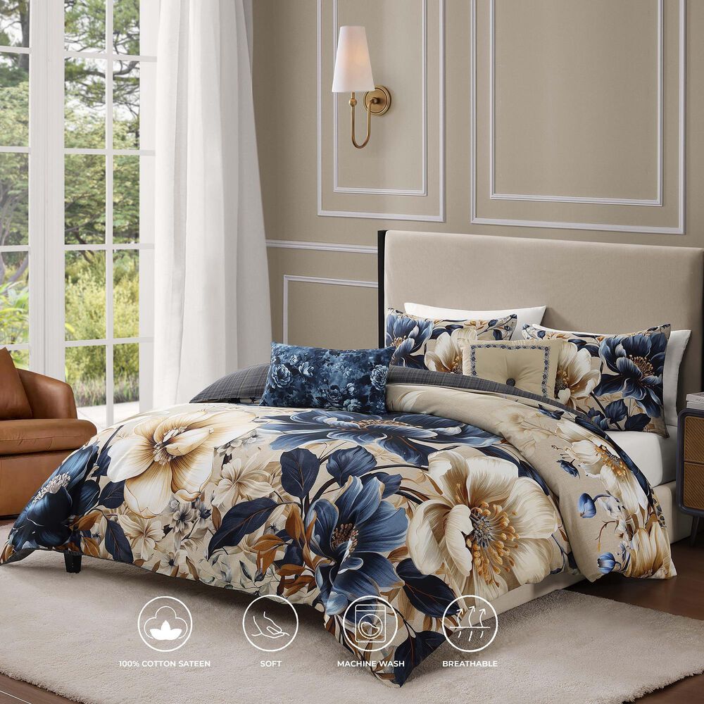 Bebejan English Manor 5-Piece Queen Reversible Comforter Set in Steel Blue, Soft Beige and Creamy Ivory, , large