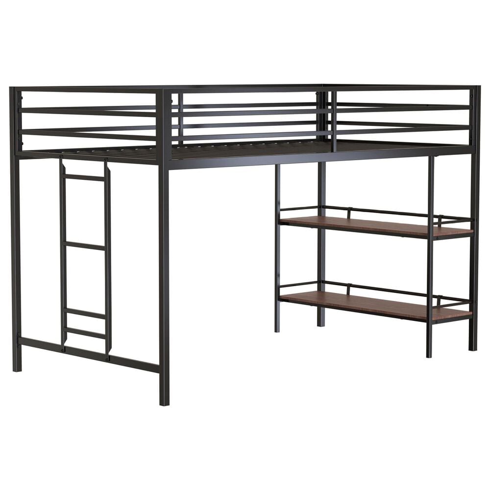 Hearth and Haven Adam Twin Loft Bunk Bed with Cinnamon Wood Shelf in Black, , large